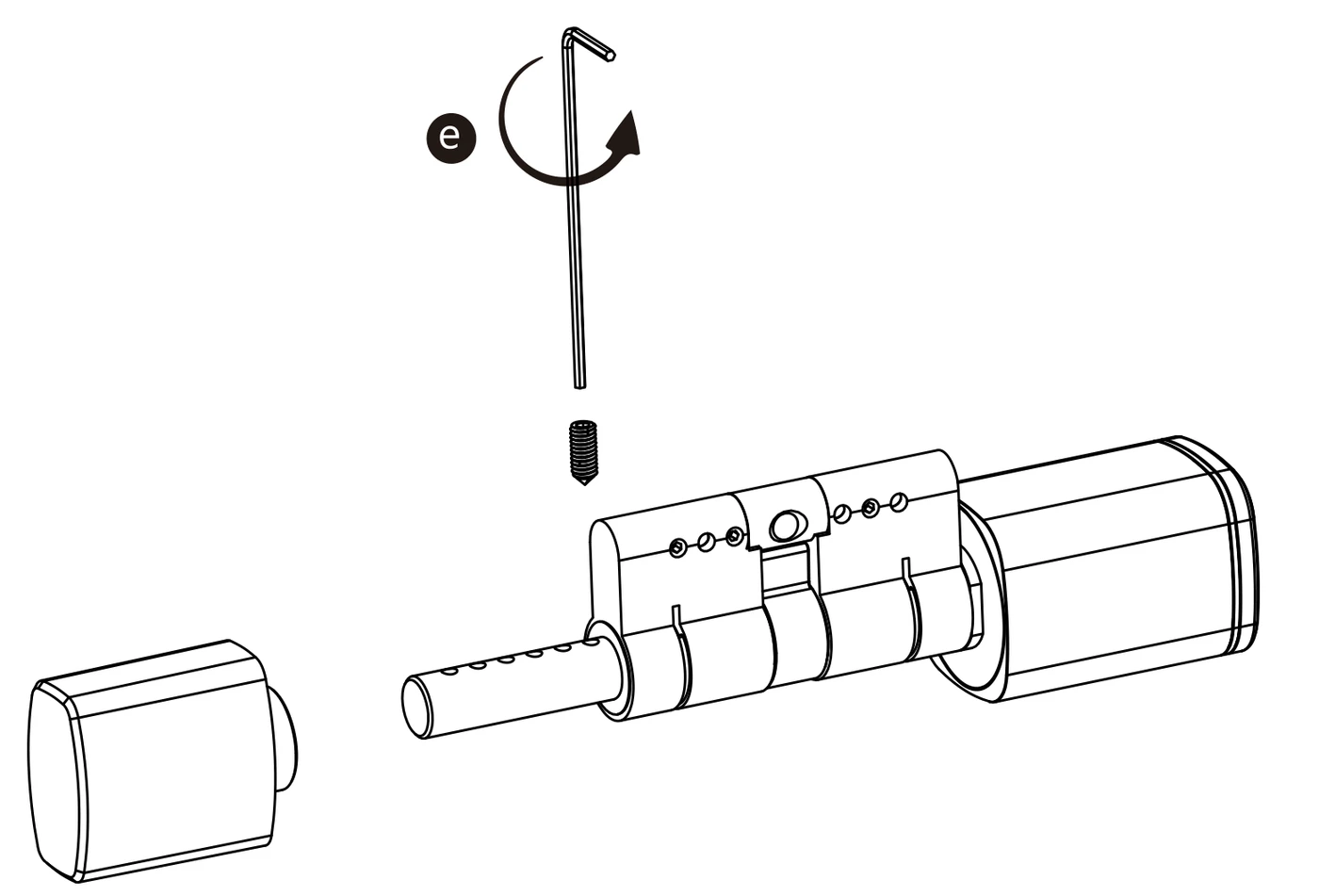 De inbussleutel draait de stelschroef los; de binnenknop ligt los naast de cilinder